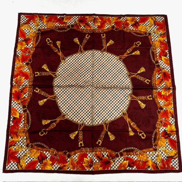 New DAKS Bandana/ Scarf Silk/Cotton 23" Burgendy  black Check Automn leaves (39) - Picture 4 of 7